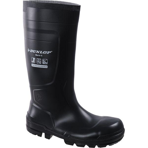 Schwarzer, knöchelhoher Sicherheitsgummistiefel mit Profilsohle und Zehenschutz, Arbeitsschutzstiefel für Industrie, angeboten im B2B-Shop für Werkzeuge und Arbeitsbedarf.