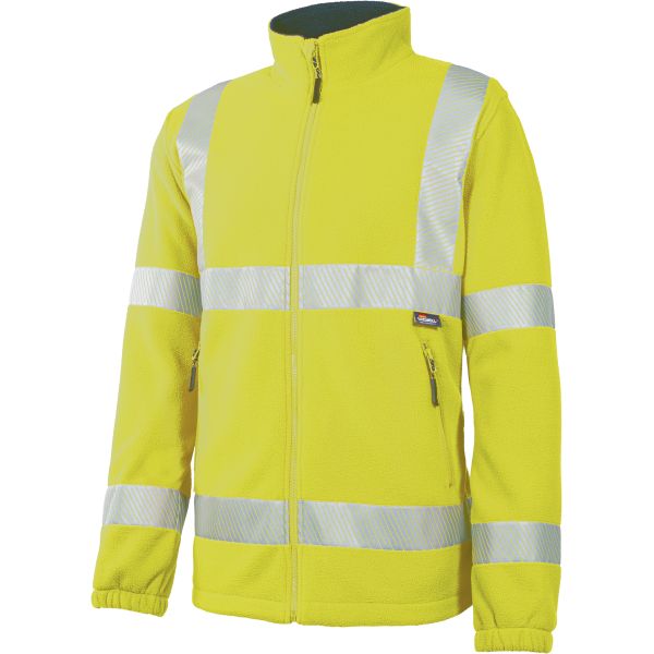 Gelbe Warnschutzjacke mit reflektierenden Streifen, Frontreißverschluss und Seitentaschen. Ideal für Arbeitsschutz im B2B-Bereich.