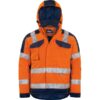 Orangefarbene Warnschutzjacke mit Reflektoren und Kapuze, zwei Brusttaschen, für Arbeitsschutz und Arbeitsbedarf.