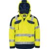 Warnschutzjacke in Gelb mit reflektierenden Streifen, Kapuze und dunklen Akzenten, geeignet für Arbeitsschutz im Außenbereich.