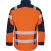 Orangefarbene Warnschutzjacke mit reflektierenden Streifen, Rückansicht. Ideal für Arbeitssicherheit und Arbeitsbedarf im B2B Bereich.