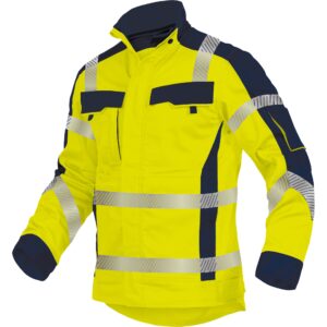 Arbeitsjacke in Gelb mit reflektierenden Streifen und dunkelblauen Akzenten, geeignet für Arbeitsschutz, erhältlich im B2B Shop für Werkzeuge und Arbeitsbedarf.