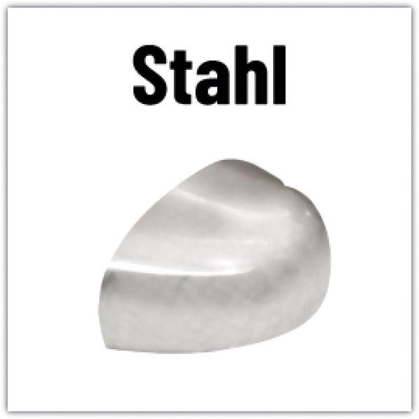 Schriftzug "Stahl" über einer gebogenen, silbernen Metallkappe/Abdeckung.