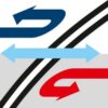 Zwei gebogene Pfeile, einer blau und einer rot, mit einem horizontalen hellblauen Doppelpfeil, auf geteiltem grauen und weißen Hintergrund mit schwarzen Linien.