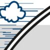 Gezeichnete Wolke und Linien, die Geschwindigkeit darstellen, oben rechts eine gebogene schwarze Linie, Hintergrund in Weiß und Grau.