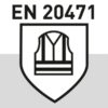 Symbol EN 20471 zeigt eine Warnweste in einem Schild, steht für zertifizierte Warnschutzkleidung.