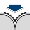 Blauer Pfeil zeigt auf stilisierte graue Zahnräder und Metall, Symbol für industrielle Werkzeuge und Maschinenbau.