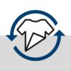 Symbol für Textilreinigung: Ein T-Shirt ist in einen Kreis mit zwei Pfeilen eingebettet, was auf einen Recycling- oder Serviceprozess hindeutet.