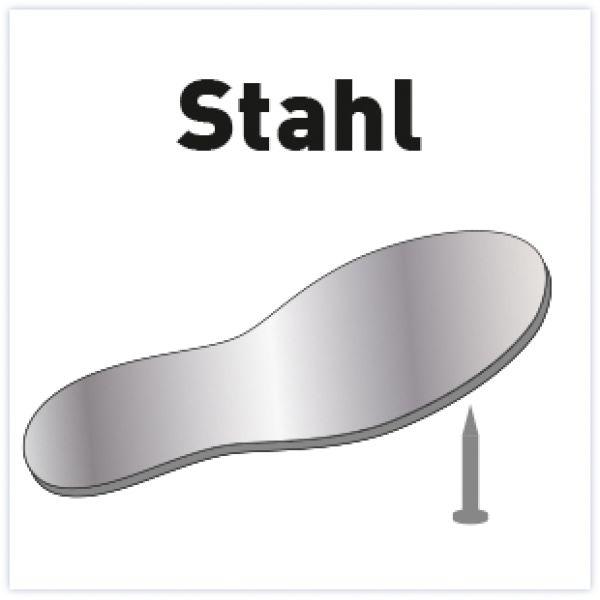 Symbol: silberne Stahleinlage (Einlegesohle) mit Pfeil und Schrift „Stahl“. Der B2B-Shop für Werkzeuge, Arbeitsschutz und Arbeitsbedarf.