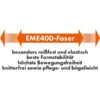 Orange Pfeil mit Text: "EME400-Faser, besonders reißfest, elastisch, formstabil, höchste Bewegungsfreiheit, knitterfrei, pflege- und bügelleicht."